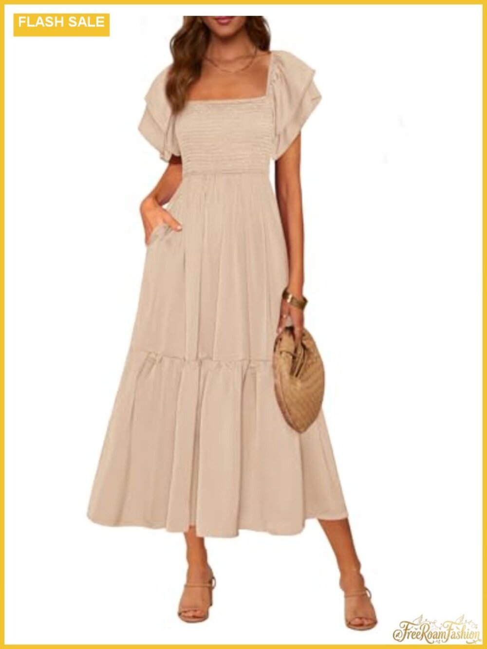 Smocked Flowy Midi Dress Square Neck Ruffle Sleeve Casual Summer